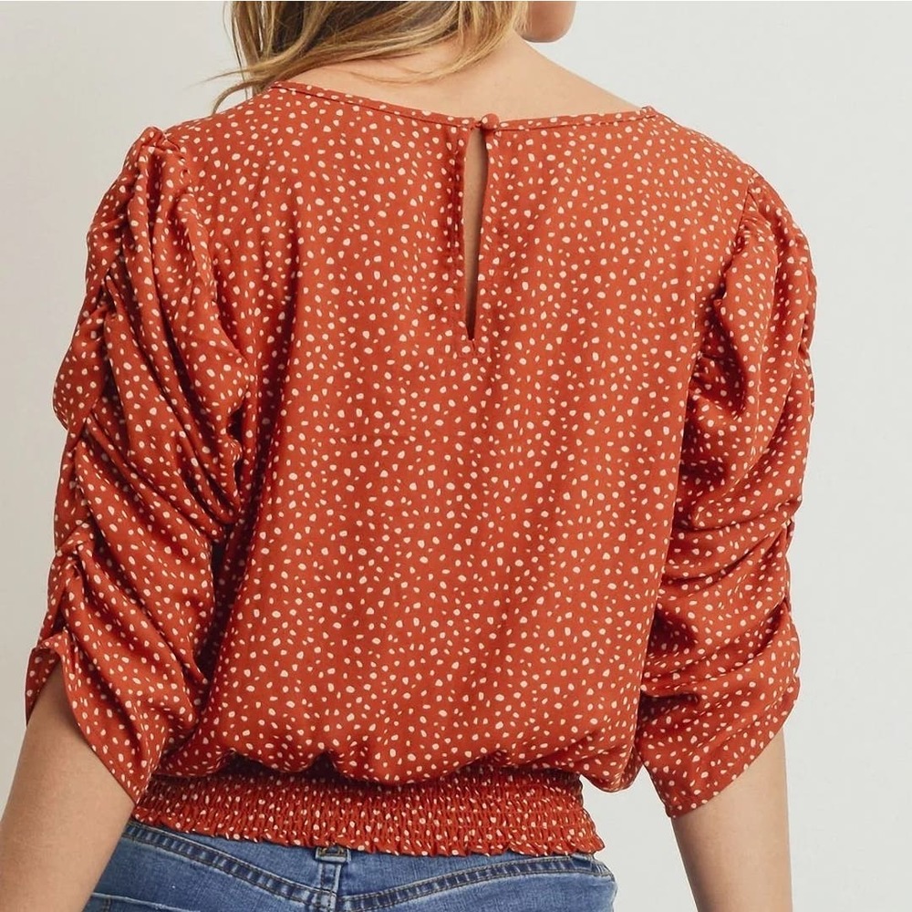 Paper Crane Smocked Band Top Shirring Puff Sleeves Burnt Orange Dot Print  XS - Picture 2 of 9